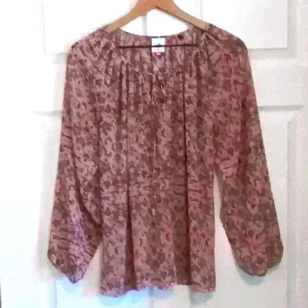 Cabi Women Blouse Pink Size XS Paisley Floral Long Sleeve Tie Neck Boho Feminine